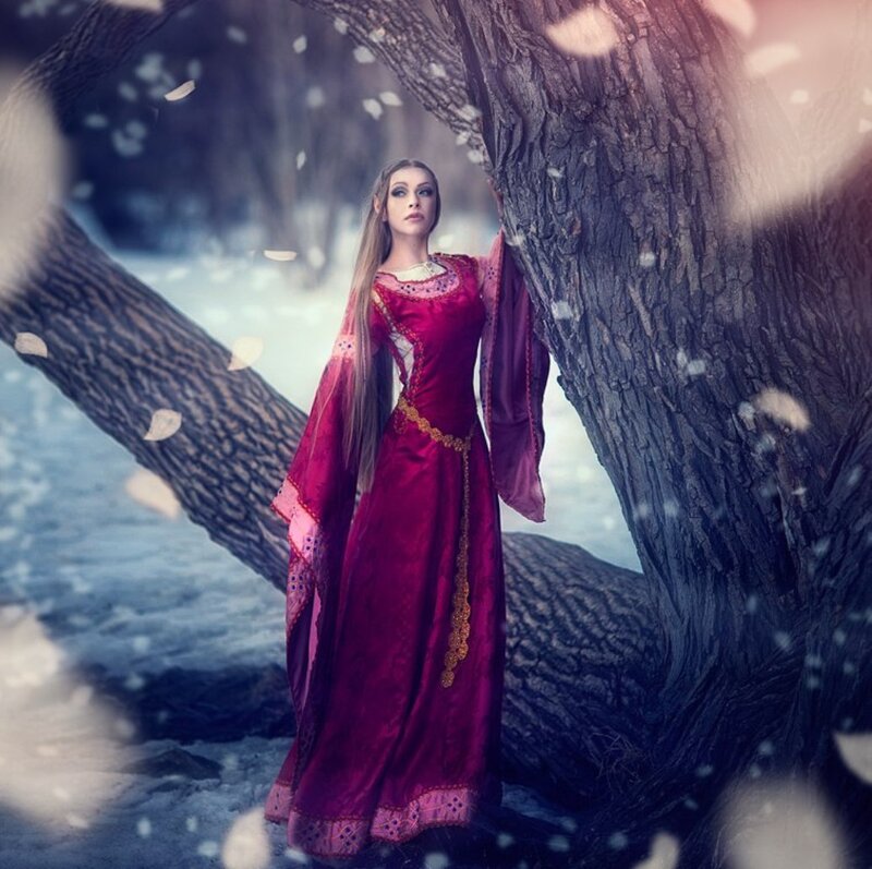 Woman in Red Dress — Dramatic, Winter, Digital Art, Tree