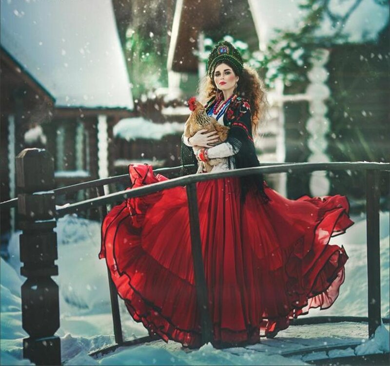 Woman in Red Dress — Dramatic, Winter, Photograph, Chicken
