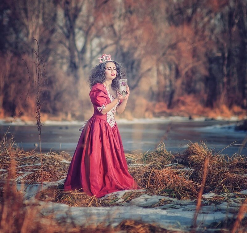 Woman in Red Dress — Dramatic, Winter, Photograph, Crown, River
