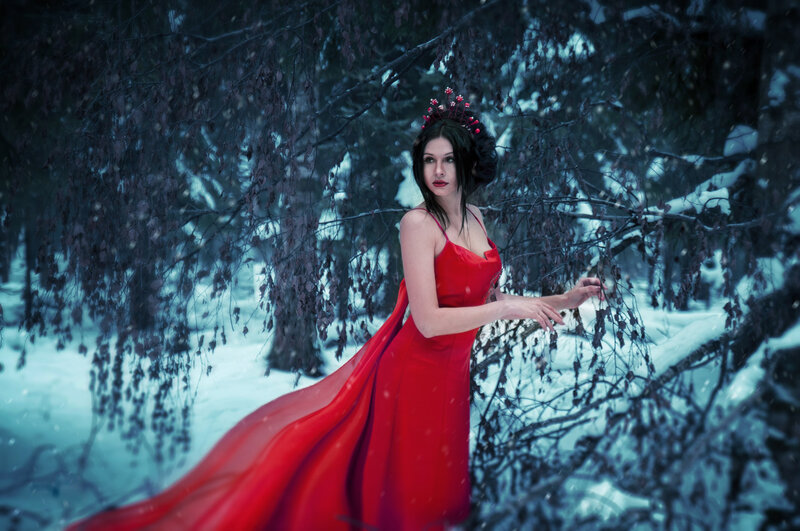 Woman in Red Dress — Dramatic, Winter, Photograph, Crown