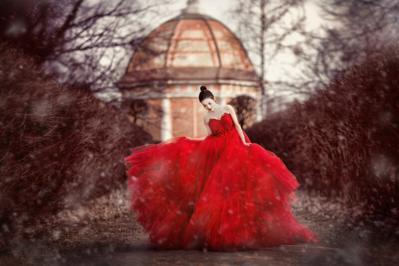 Woman in Red Dress — Dramatic, Winter, Photograph, Dome