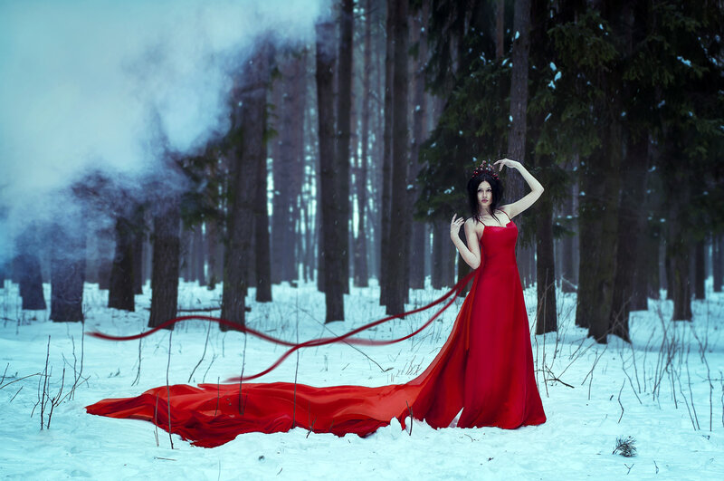 Woman in Red Dress — Dramatic, Winter, Photograph, Forest, Snow, Smoke