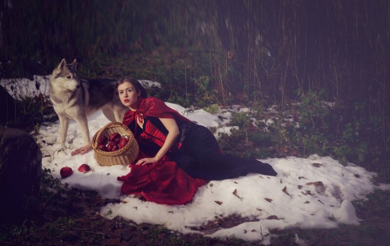 Woman in Red Dress — Dramatic, Winter, Photograph, Husky Dog