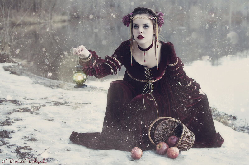 Woman in Red Dress — Dramatic, Winter, Photograph, Lantern, Basket