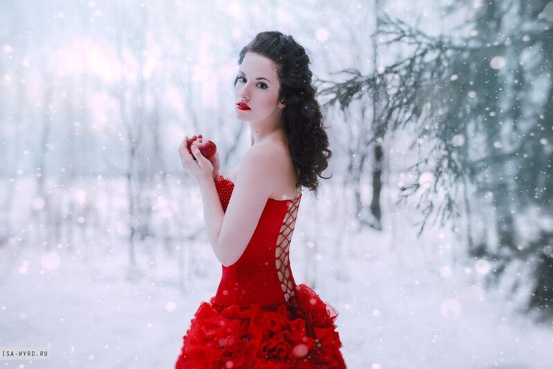Woman in Red Dress — Dramatic, Winter, Photograph, Red Apple