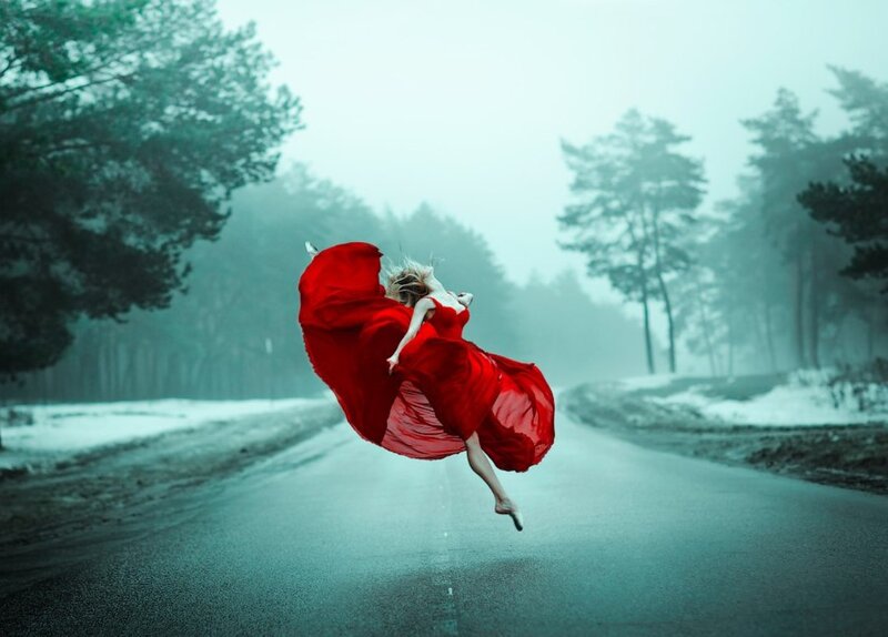 Woman in Red Dress — Dramatic, Winter, Photograph, Road