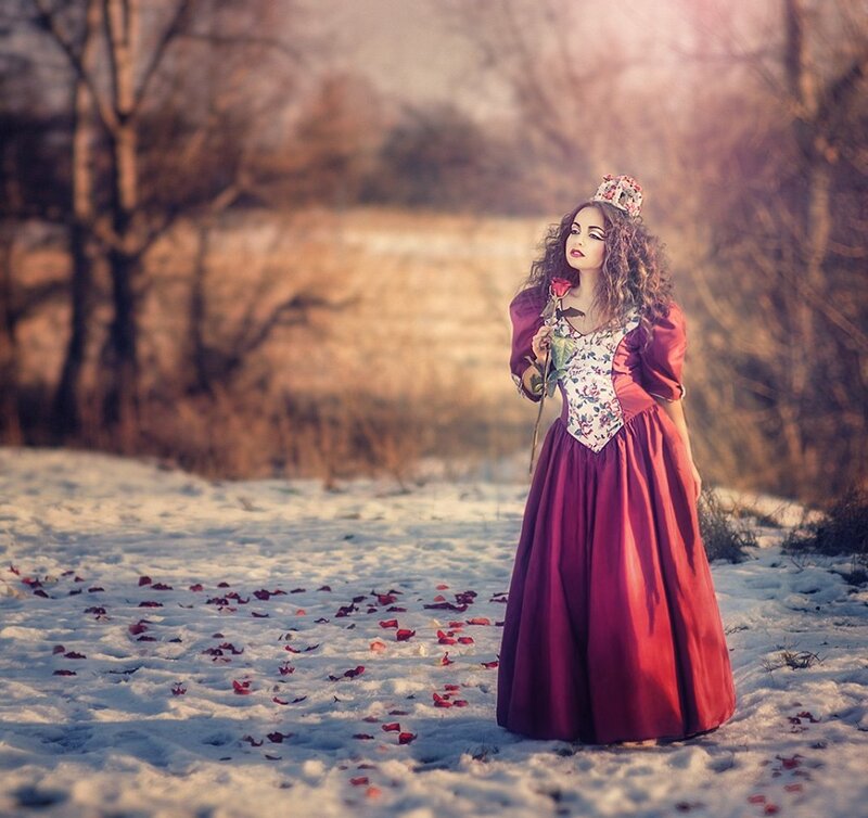 Woman in Red Dress — Dramatic, Winter, Photograph, Rose, Crown