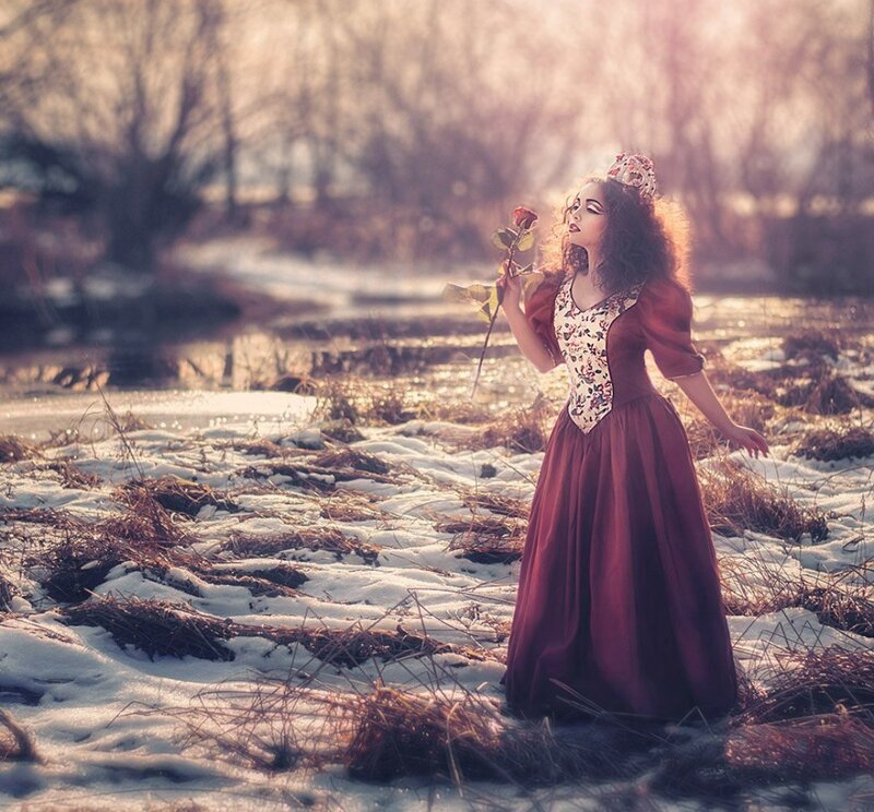 Woman in Red Dress — Dramatic, Winter, Photograph, Rose