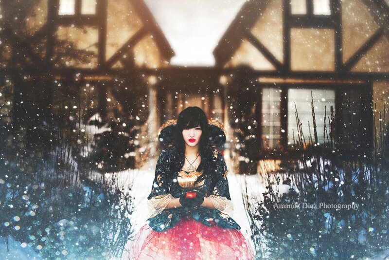 Woman in Red Dress — Dramatic, Winter, Photograph, Snow, Castle