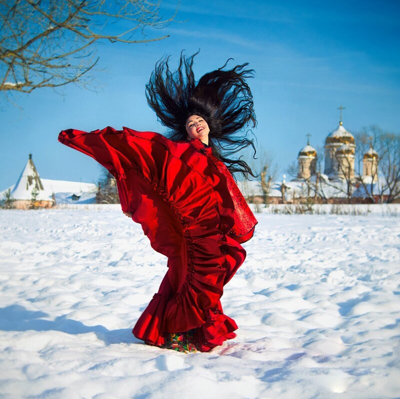 Woman in Red Dress — Dramatic, Winter, Photograph, Snow, Church