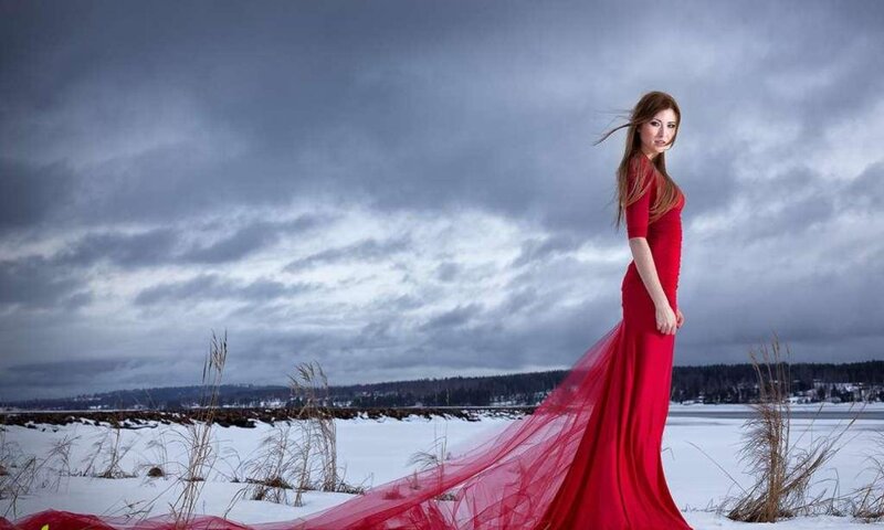 Woman in Red Dress — Dramatic, Winter, Photograph, Snow, Clouds