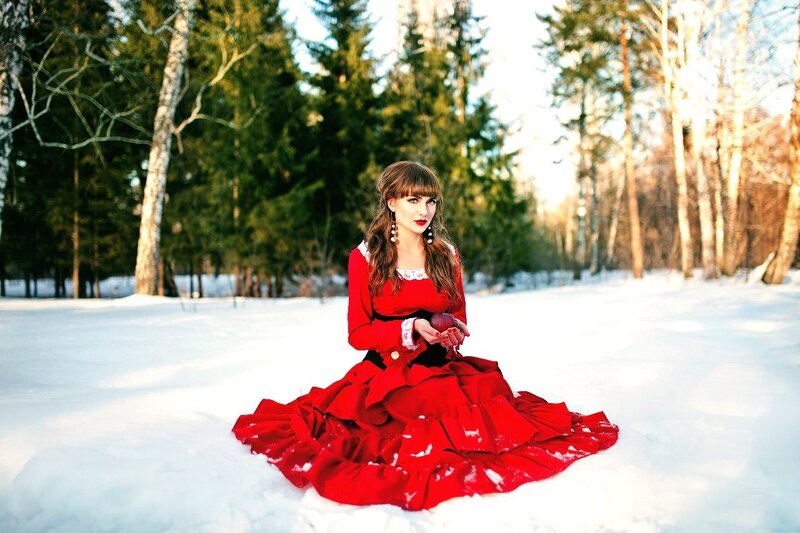 Woman in Red Dress — Dramatic, Winter, Photograph, Snow, Forest, Apple