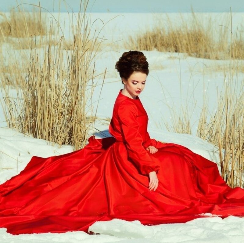 Woman in Red Dress — Dramatic, Winter, Photograph, Snow, Grass