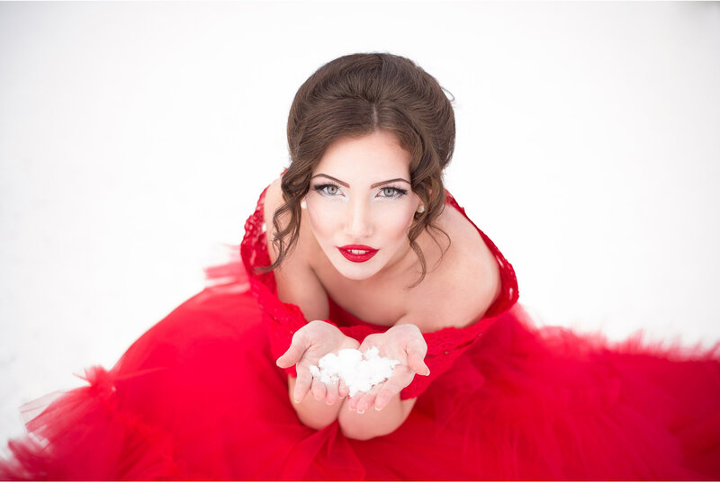 Woman in Red Dress — Dramatic, Winter, Photograph, Snow, Hands
