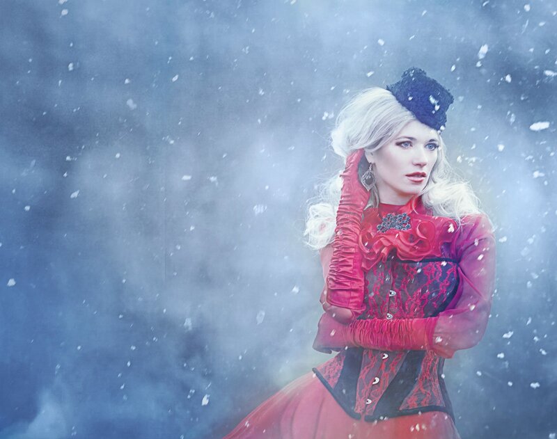 Woman in Red Dress — Dramatic, Winter, Photograph, Snow, Hat