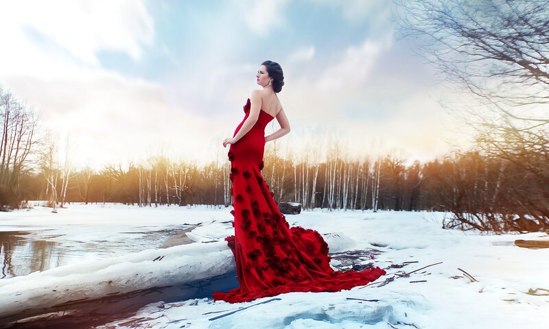 Woman in Red Dress — Dramatic, Winter, Photograph, Snow, River