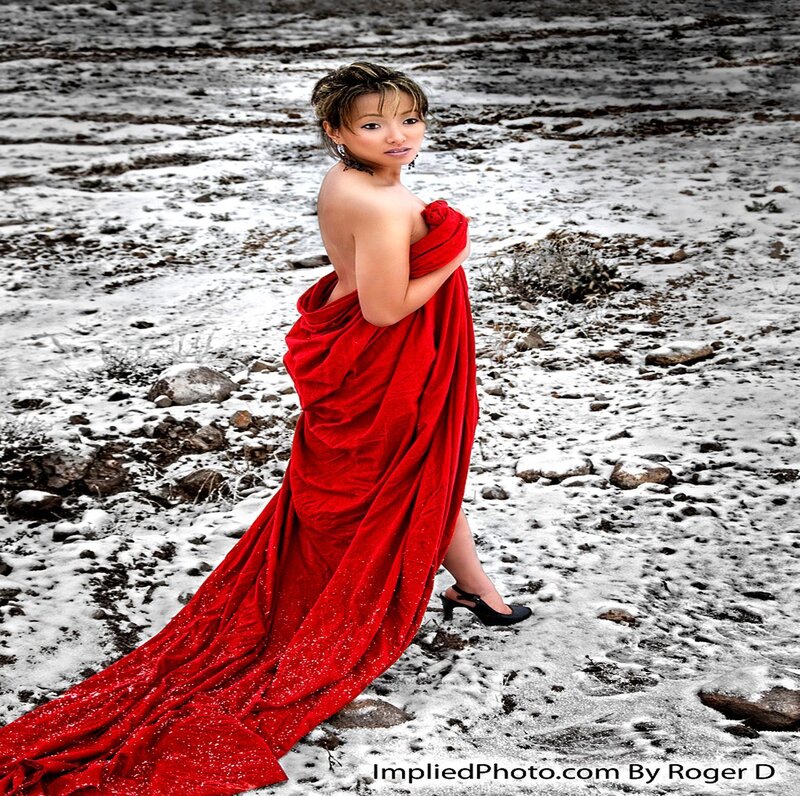 Woman in Red Dress — Dramatic, Winter, Photograph, Snow