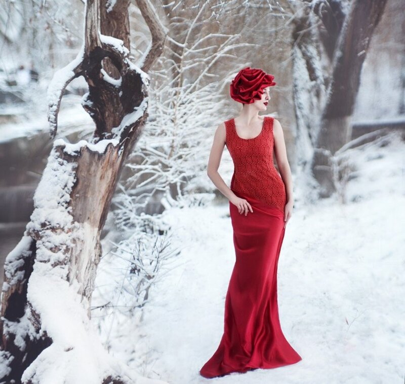 Woman in Red Dress — Dramatic, Winter, Photograph, Snow, Tree