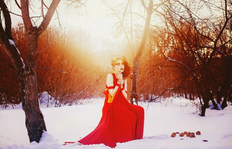 Woman in Red Dress — Dramatic, Winter, Photograph, Snow, Trees, Apples