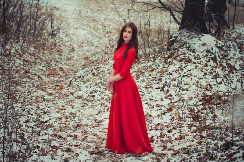 Woman in Red Dress — Dramatic, Winter, Photograph, Snow, Trees, Leaves