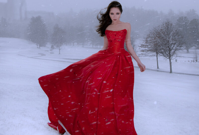 Woman in Red Dress — Dramatic, Winter, Photograph, Snow, Trees
