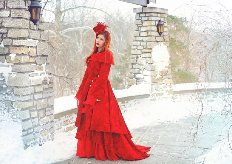 Woman in Red Dress — Dramatic, Winter, Photograph, Stone Pillars
