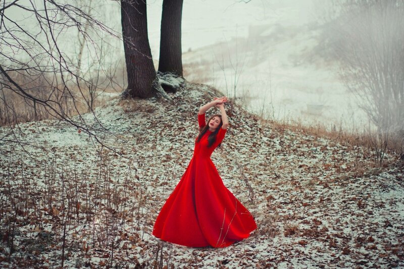 Woman in Red Dress — Dramatic, Winter, Photograph, Trees, Snow