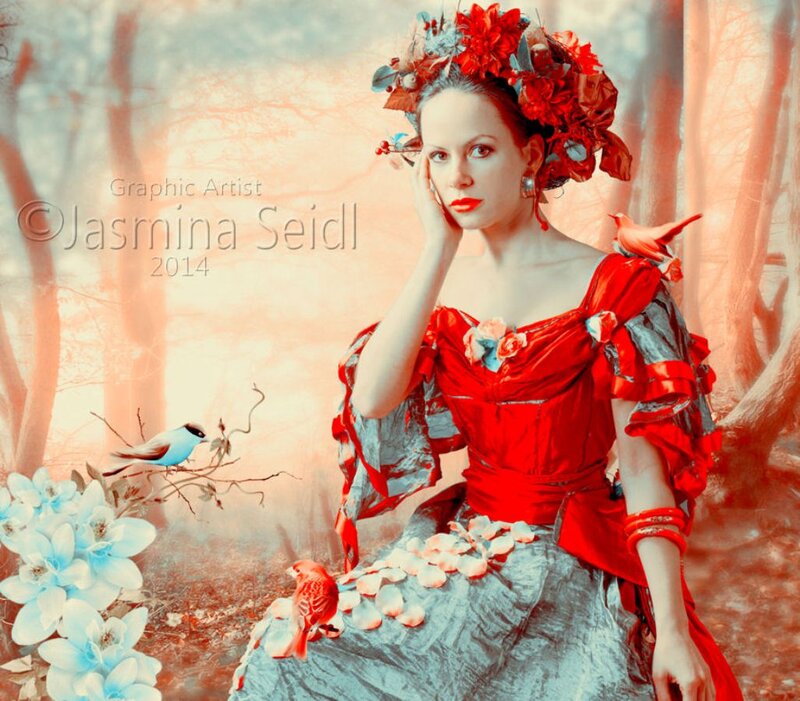 Woman in Red Dress — Dreamy, Digital Art, Birds