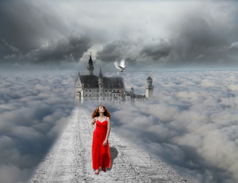 Woman in Red Dress — Dreamy, Digital Art, Castle