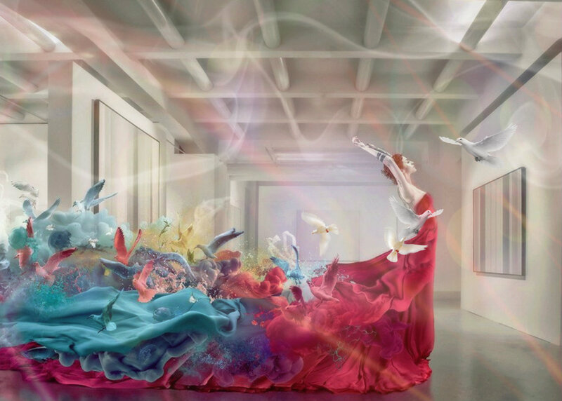 Woman in Red Dress — Dreamy, Digital Art, Doves