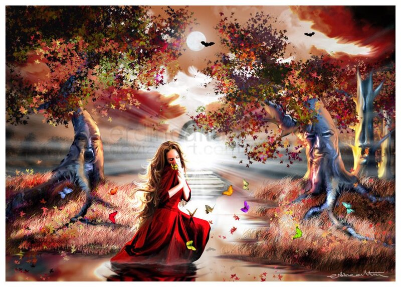 Woman in Red Dress — Dreamy, Night, Digital Art, Trees