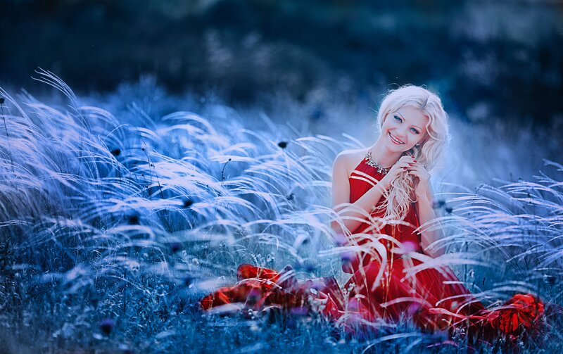 Woman in Red Dress — Dreamy, Night, Photograph