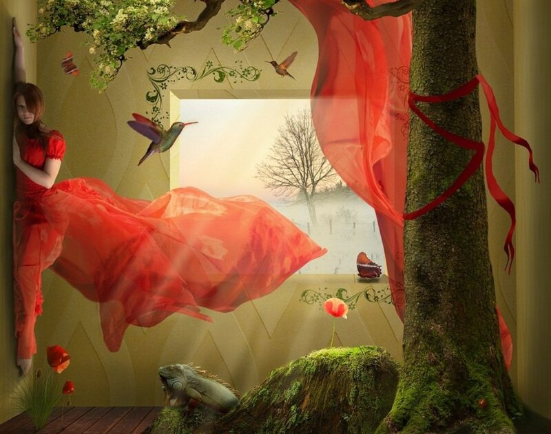 Woman in Red Dress — Dreamy, Spring, Digital Art