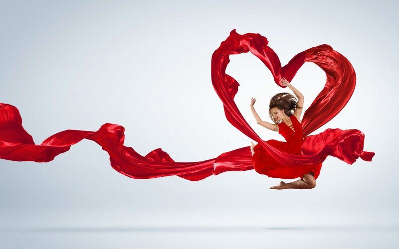 Woman in Red Dress — Dynamic, Photograph, Heart Shape, Fabric
