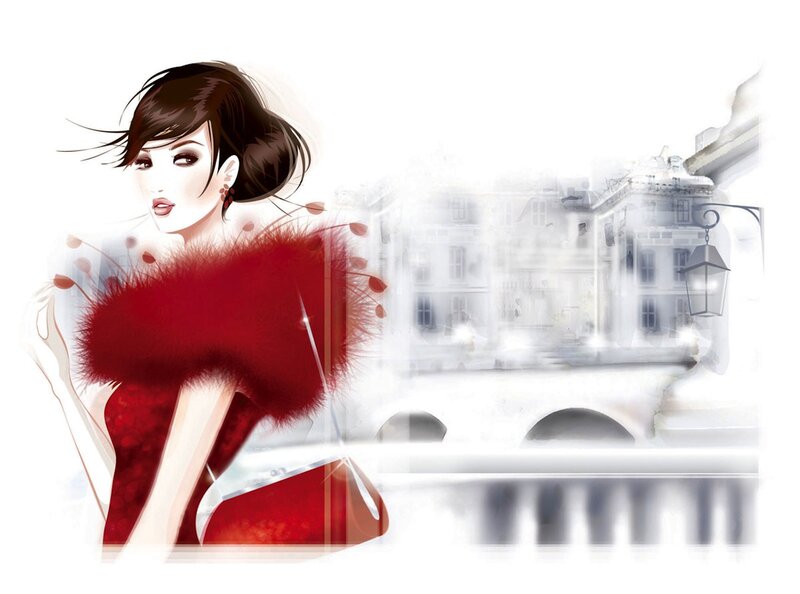 Woman in Red Dress — Elegant, Illustration, Feather Boa