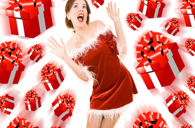 Woman in Red Dress — Festive, Photograph, Gift Boxes