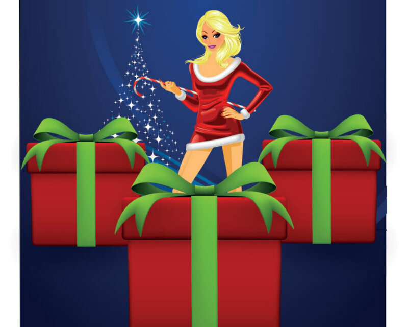 Woman in Red Dress — Festive, Winter, Digital Art, Gift Boxes