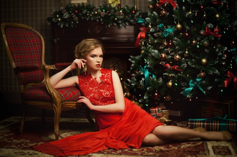 Woman in Red Dress — Festive, Winter, Photograph, Christmas Tree, Plaid Chair