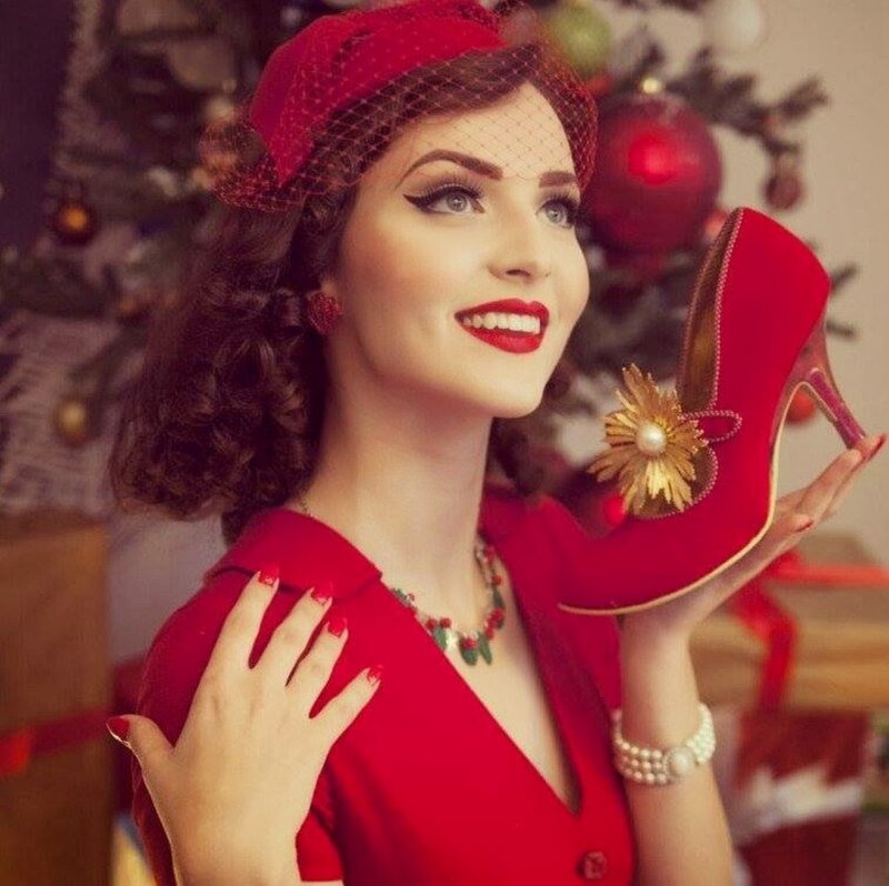 Woman in Red Dress — Festive, Winter, Photograph, Christmas Tree, Red Shoes