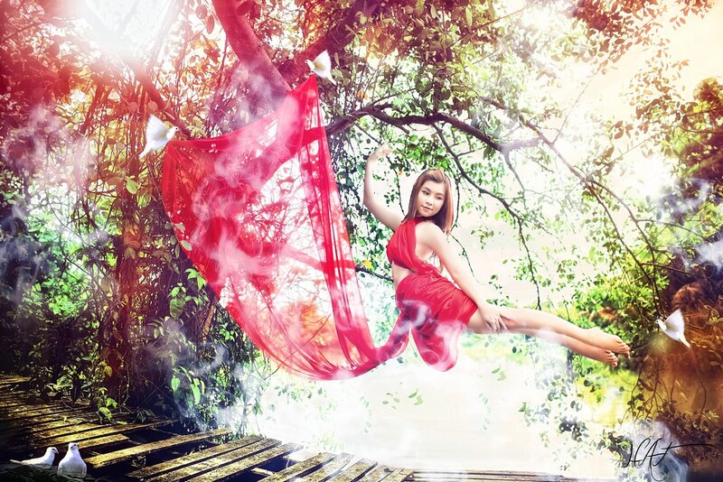 woman in red dress floating