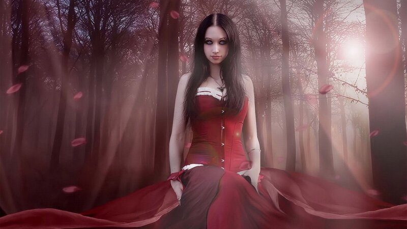woman in red dress forest