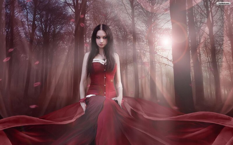 woman in red dress forest