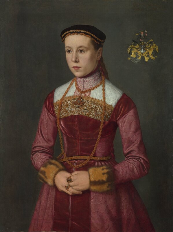 Woman in Red Dress — Formal, Painting, Coat of Arms