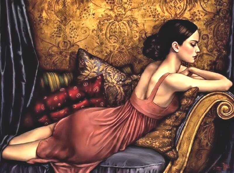 Woman in Red Dress — Gold, Dramatic, Painting