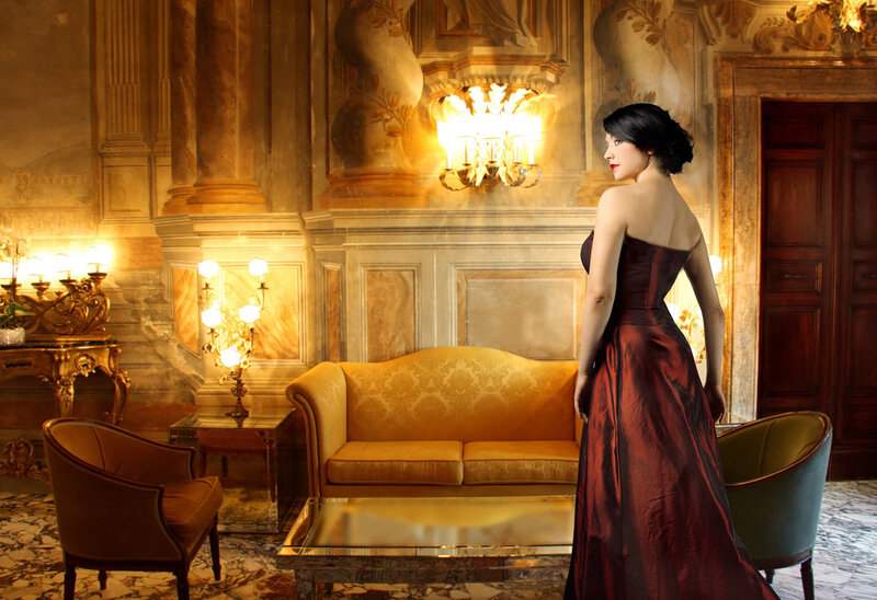 Woman in Red Dress — Gold, Dramatic