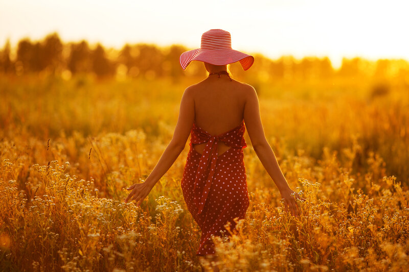 Woman in Red Dress — Gold, Serene, Sunset