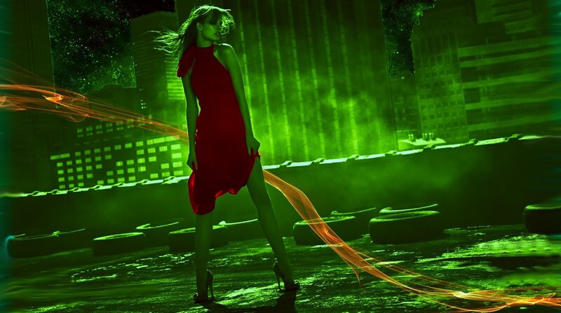 Woman in Red Dress — Green, Dramatic, Night, Digital Art, City Skyline