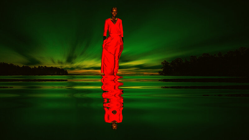 Woman in Red Dress — Green, Dramatic, Night, Digital Art