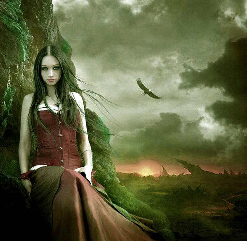 Woman in Red Dress — Green, Dramatic, Sunset, Digital Art, Eagle