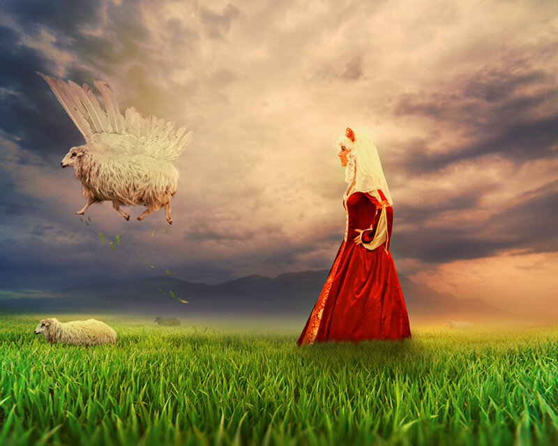 Woman in Red Dress — Green, Dramatic, Sunset